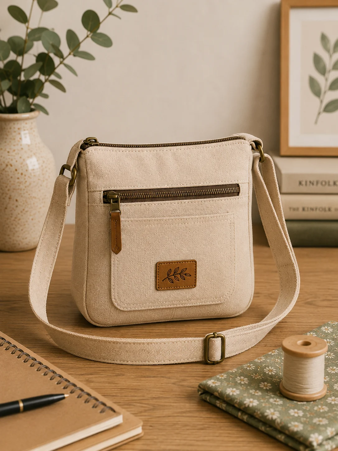 Bolso bandolera de tela beige con cierre metálico y bolsillo frontal
