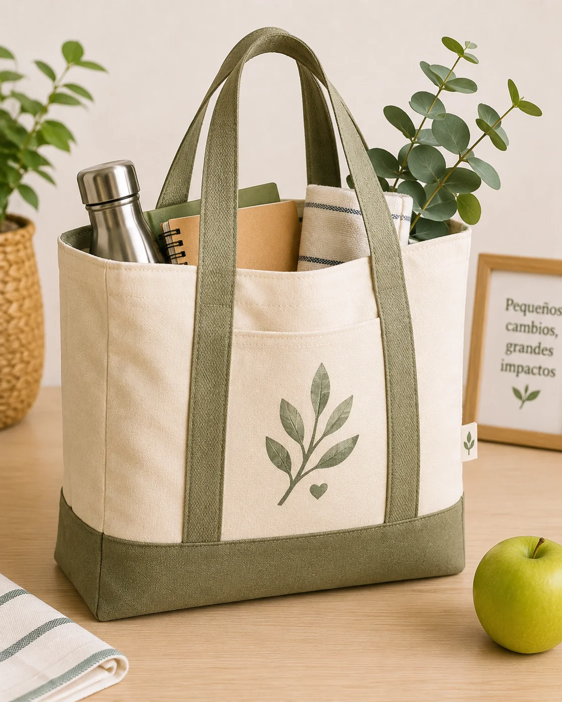 Bolso ecológico de tela cruda con asas verdes y hoja bordada