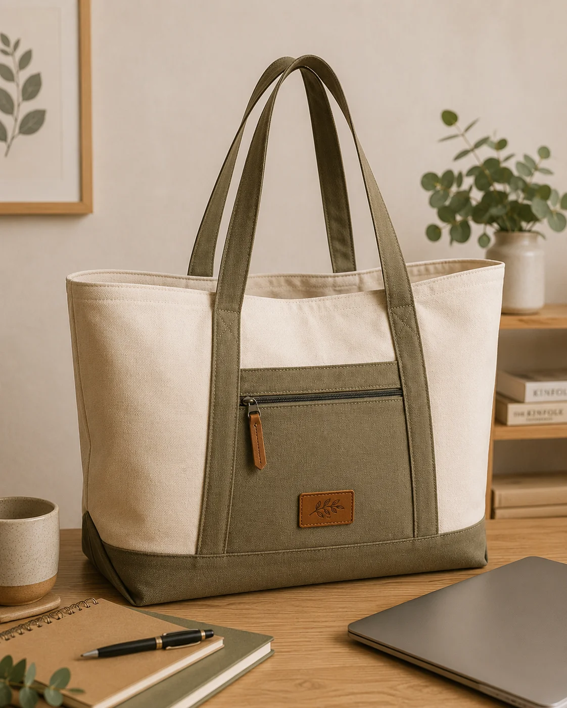 Bolso tote de lona cruda con detalles verde oliva sobre un escritorio de madera