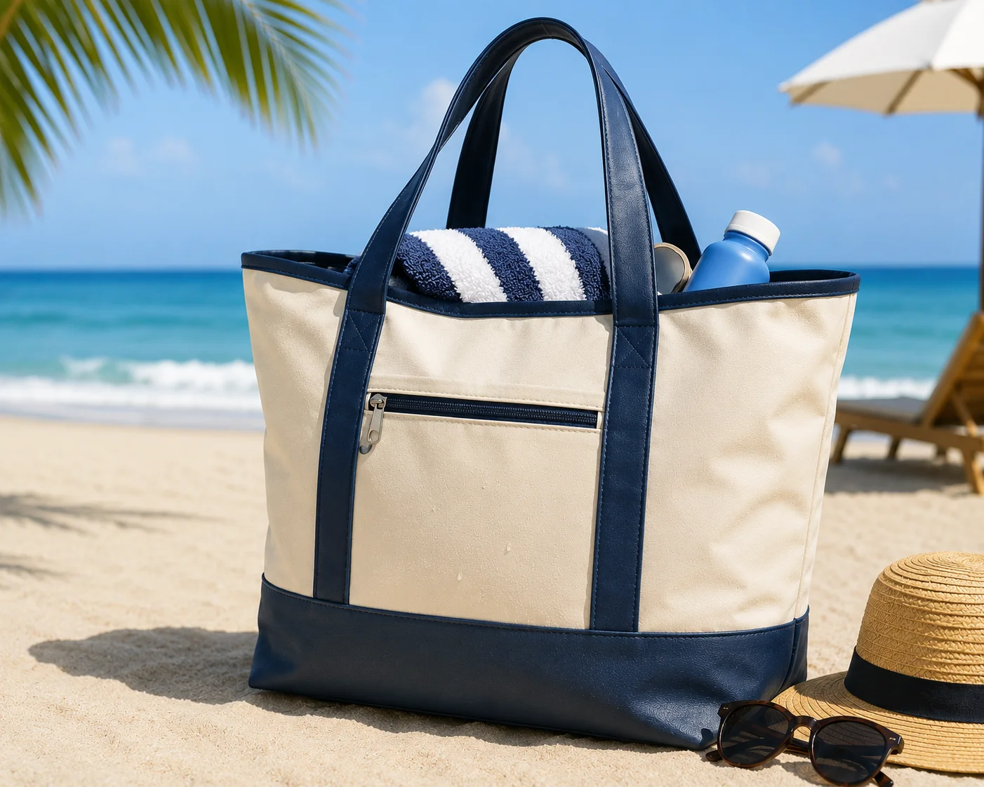 Bolso de playa de lona cruda con ribetes azul marino sobre la arena