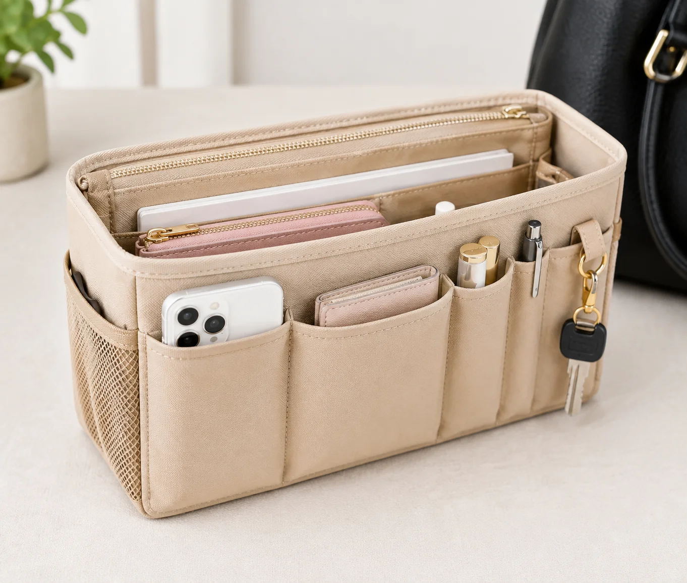 Organizador interior de bolso con múltiples compartimentos