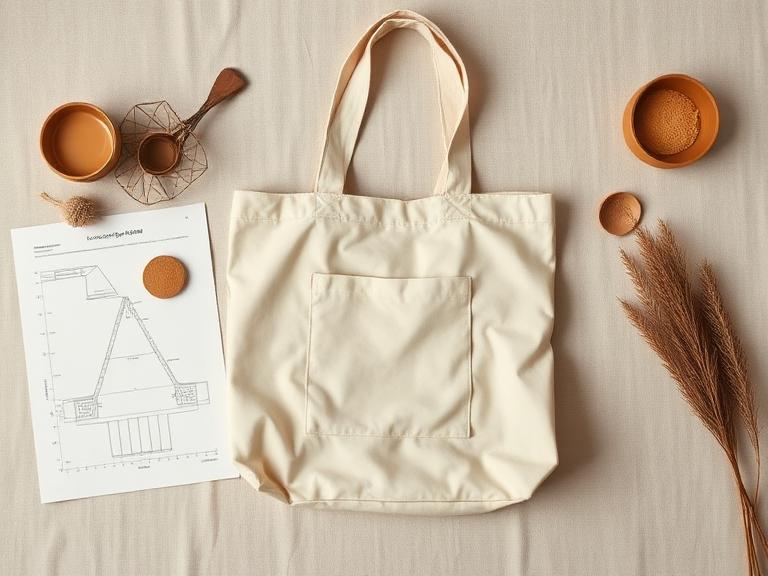 Tote de lona con bolsillo exterior junto a un diagrama de corte con medidas