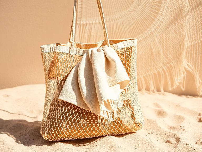 Bolso de playa de malla y lona con toalla