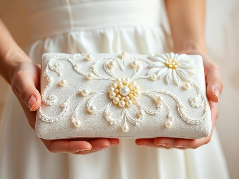 Cartera de novia bordada con perlas sostenida en las manos
