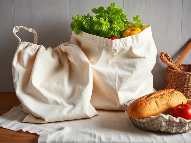 Bolsas reutilizables de algodón con frutas, verduras y pan