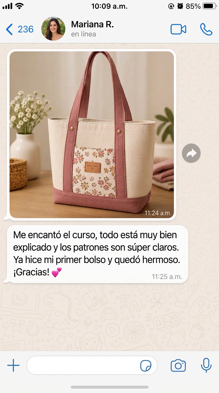 Testimonio de una alumna 1 mostrando el bolso que cosió